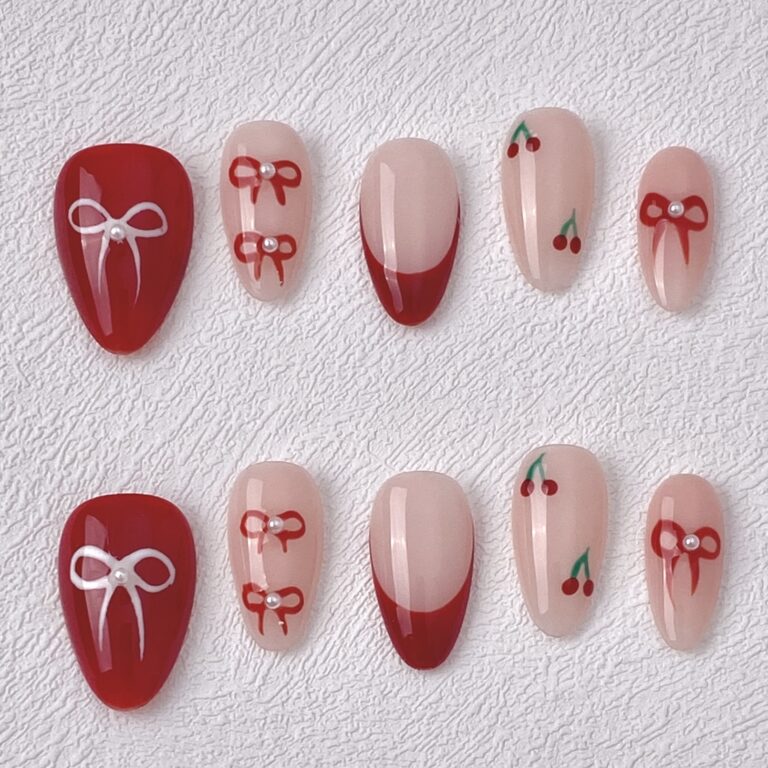 Handmade Press on Nails Cherry Bow Best Press on Nails Natural Fake Nails from MANITIPS