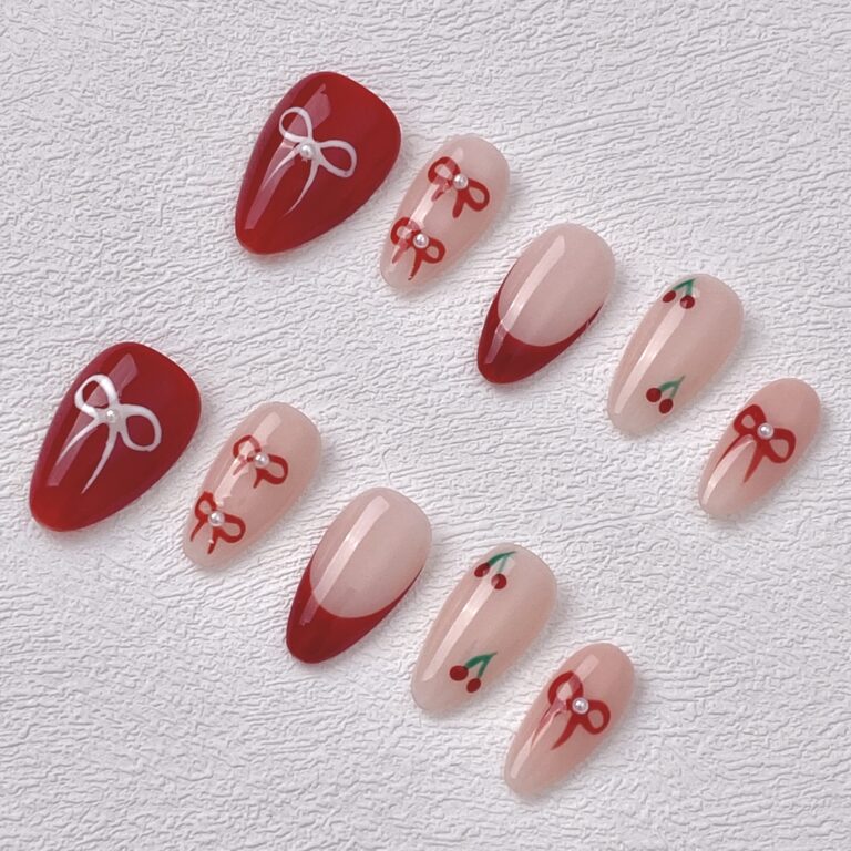Handmade Press on Nails Cherry Bow Best Press on Nails Natural Fake Nails from MANITIPS