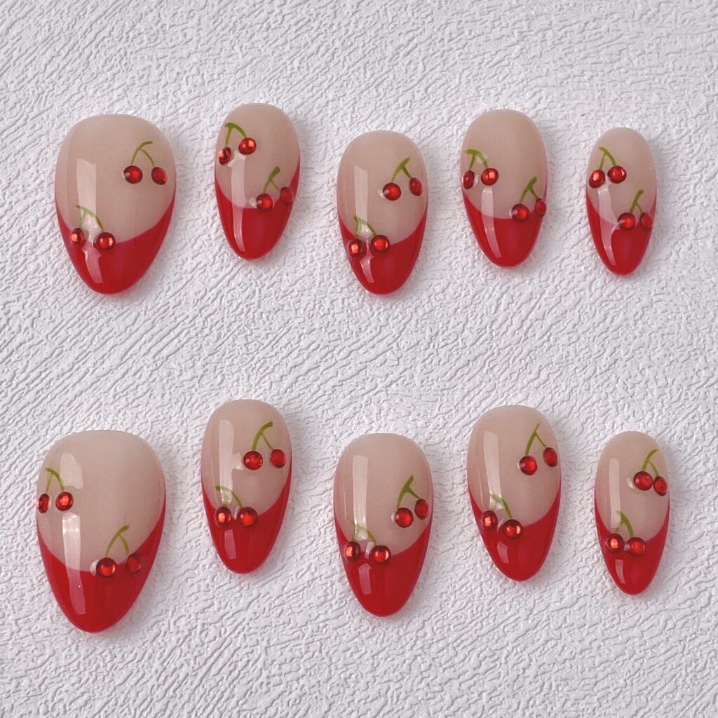 ManiTips Reusable Handmade Press on Nails Red French Tip Cherry Nail