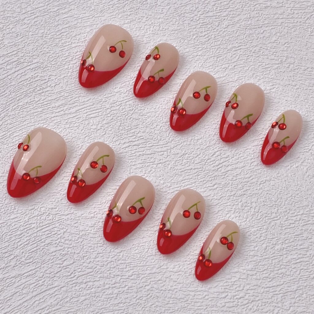 ManiTips Reusable Handmade Press on Nails Red French Tip Cherry Fake Nail