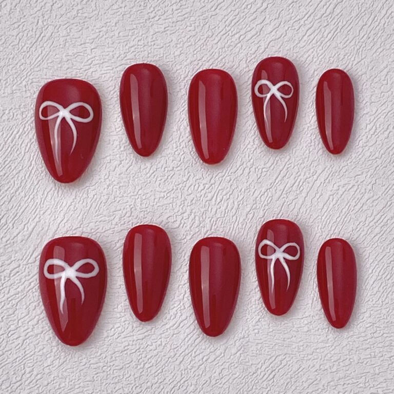 Handmade Press on Nails Red Bow