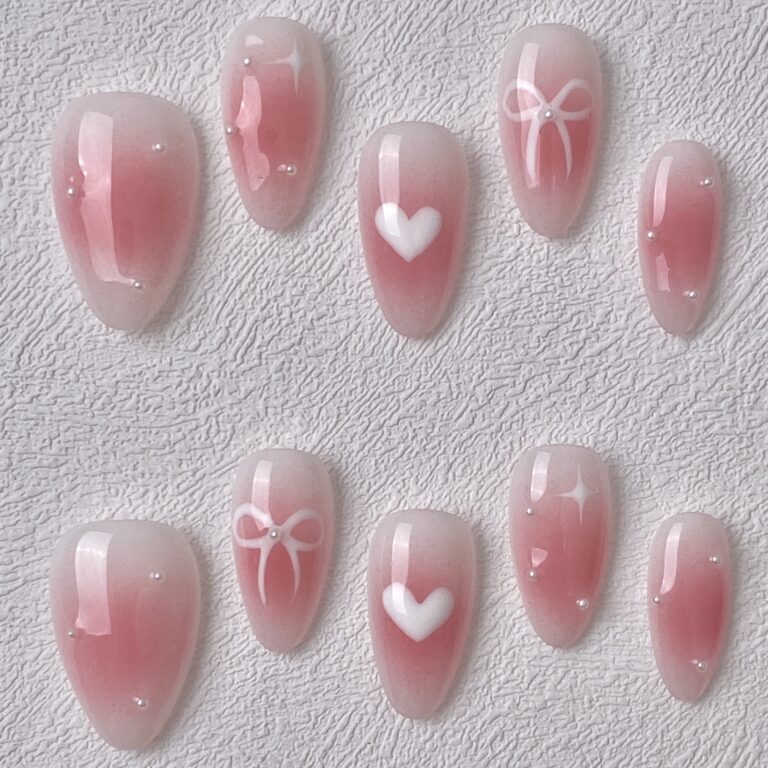 Handmade Press on Nails Pink Bow Short Almond ManiTips