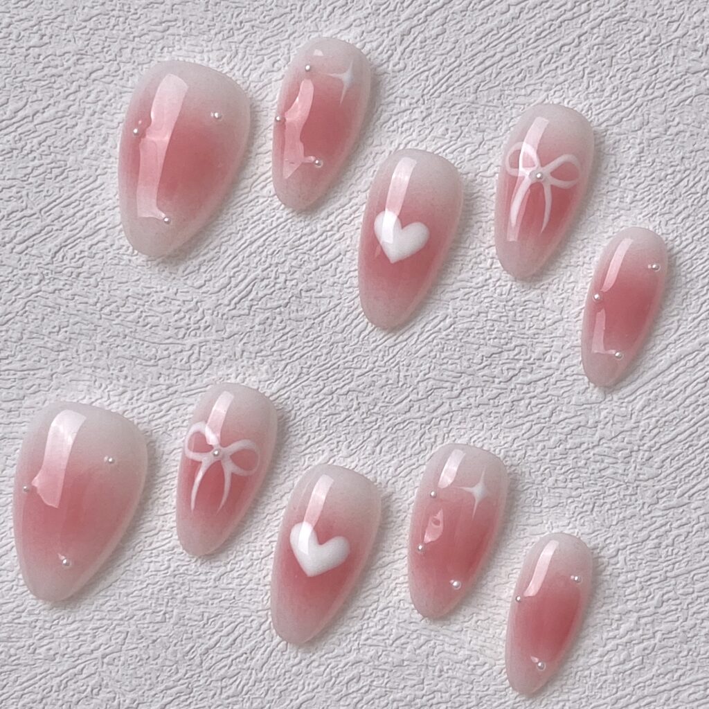 Handmade Press on Nails Pink Bow Short Almond ManiTips