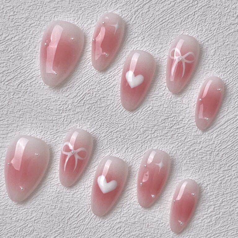 Handmade Press on Nails Pink Bow Short Almond ManiTips