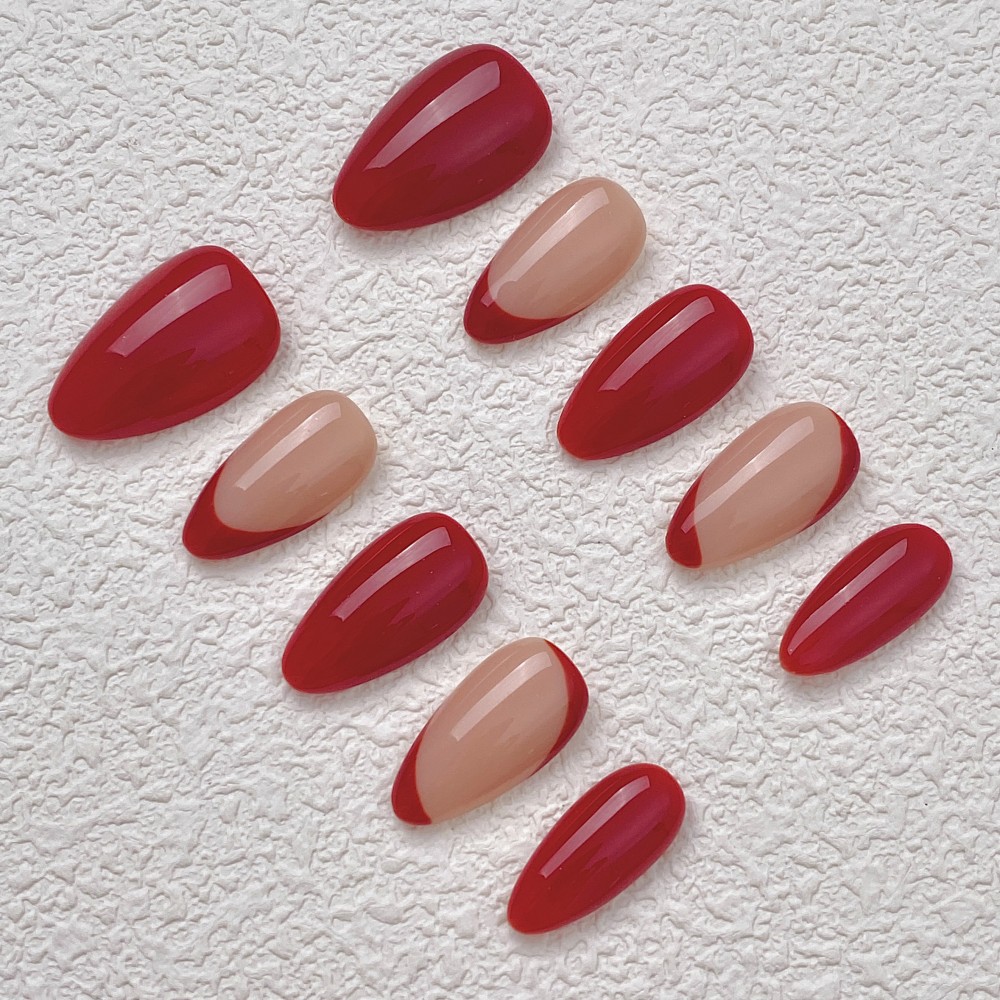 Handmade Press on Nails Red French Lines