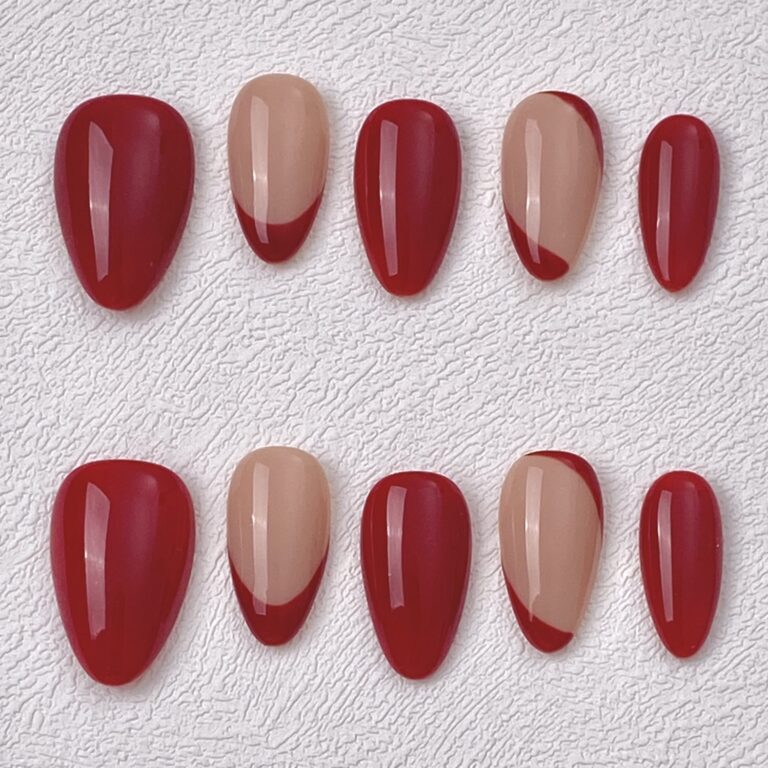 Handmade Press on Nails Red French Lines