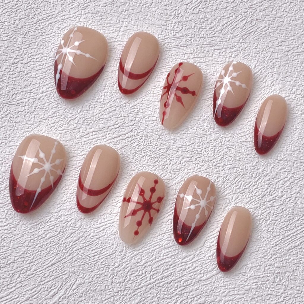 Handmade Press on Nails Red Snow Short Almond ManiTips