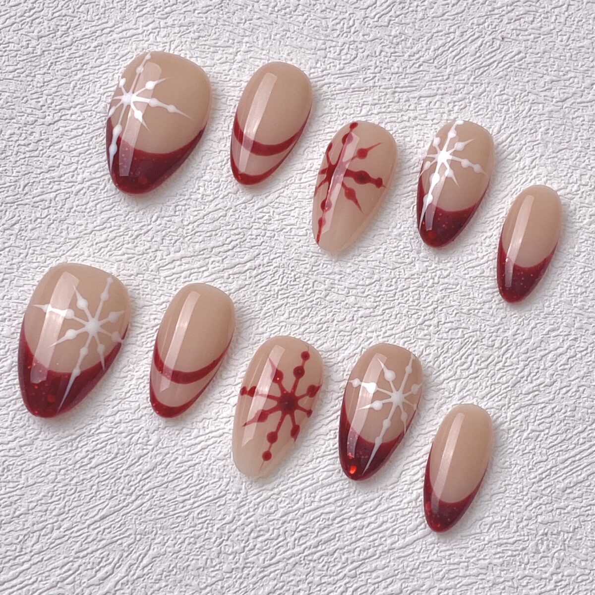 Handmade Press on Nails Red Snow Short Almond ManiTips